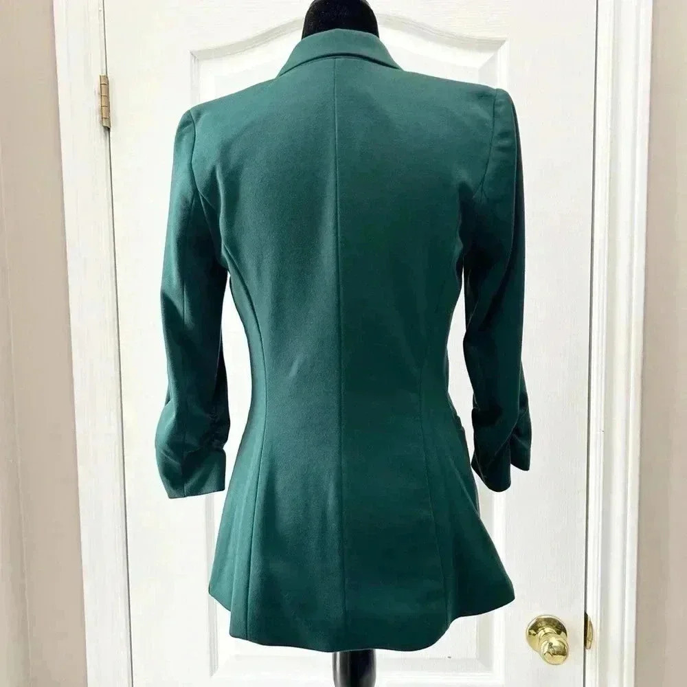 Ricki’s  Blazer Ponte Knit 3/4 Ruched Sleeves Single Breasted Forest Green XS - Picture 11 of 12